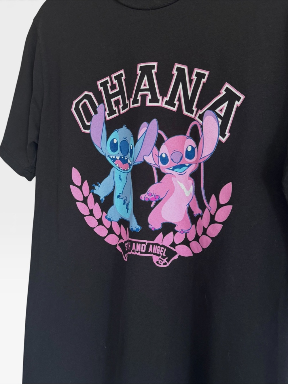 🟢3/$25 Disney Lilo & Stitch OHANA Stitch Angel Short Sleeve Black T Shirt Womens